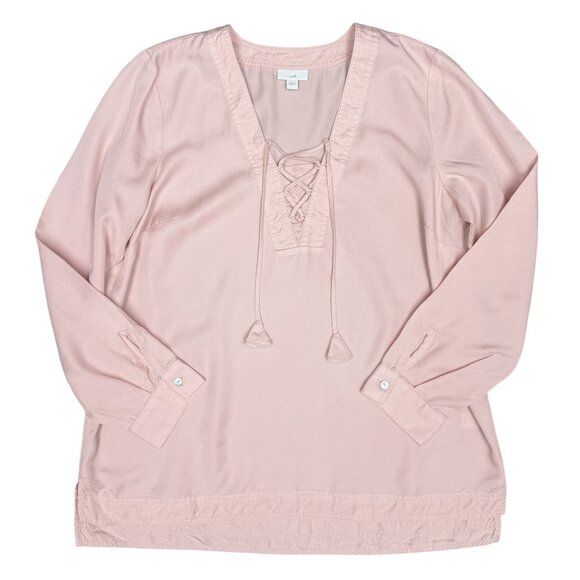 EUC Women's J. JILL Long Sleeve Pink Lace Up Shell Button Top | Size L - Picture 1 of 9